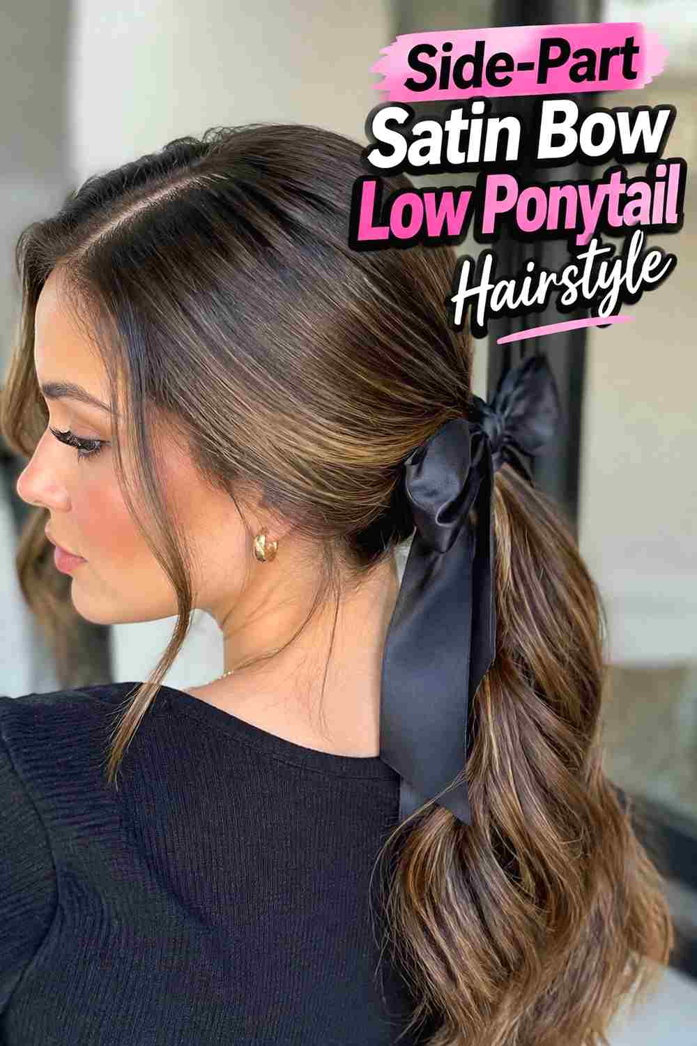 5. Side Part Satin Bow Low Ponytail Hairstyle