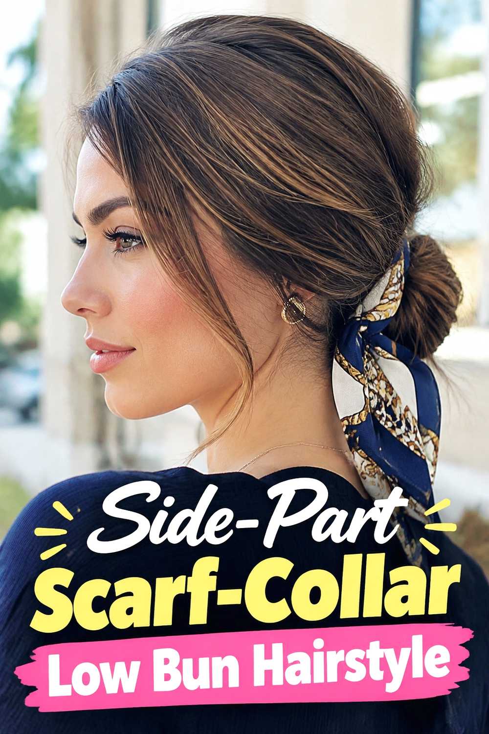 7. Side Part Scarf Collar Low Bun Hairstyle