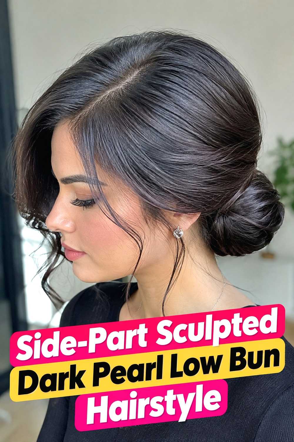 4. Side Part Sculpted Dark Pearl Low Bun Hairstyle
