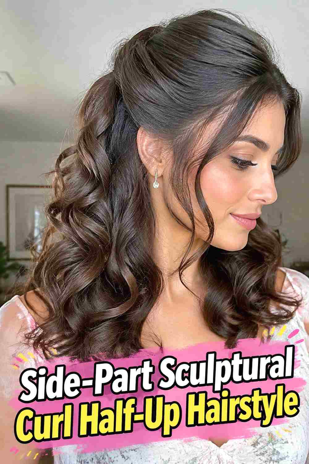 10. Side Part Sculptural Curl Half Up Hairstyle