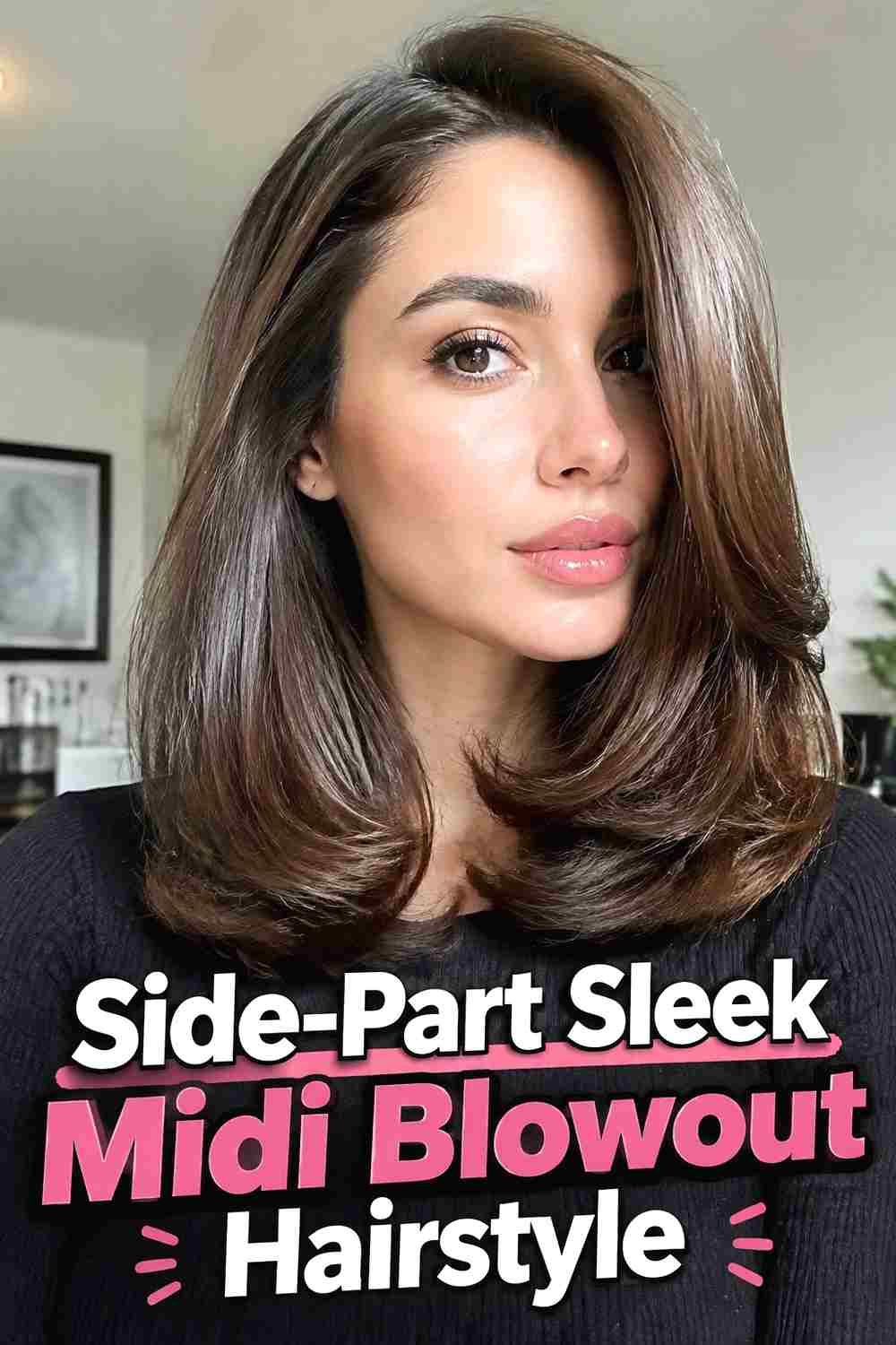 2. Side Part Sleek Midi Blowout Hairstyle