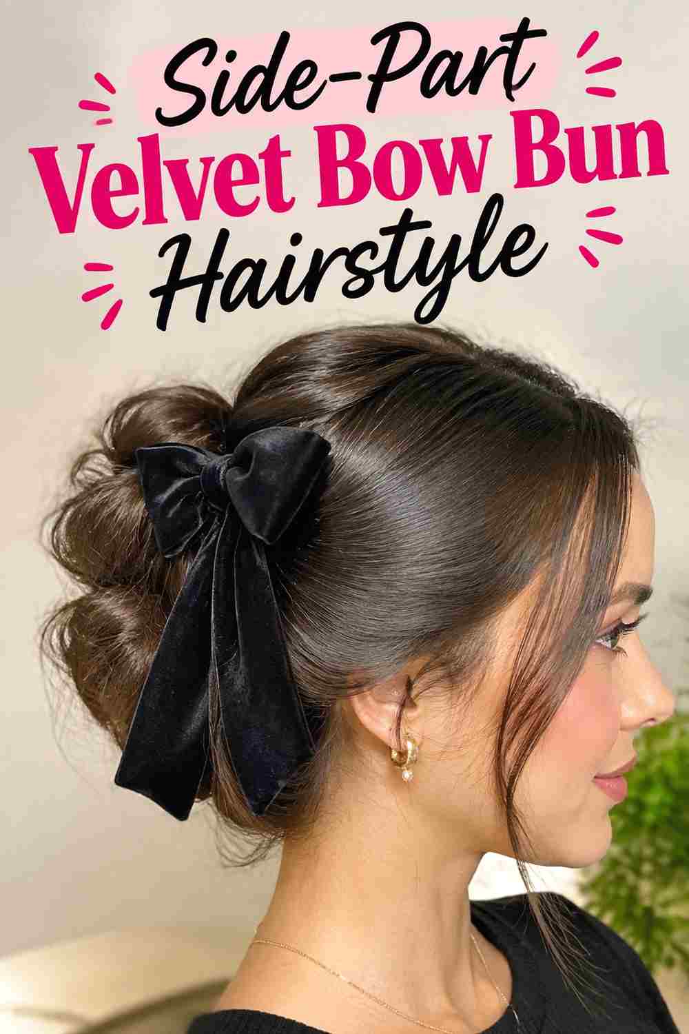 7. Side Part Velvet Bow Bun Hairstyle