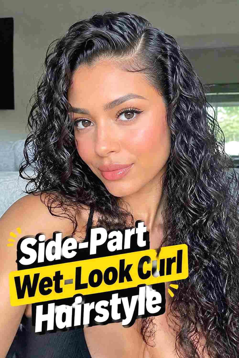2. Side Part Wet Look Curl Hairstyle