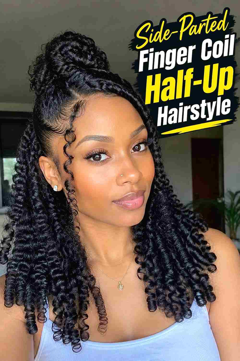 6. Side Parted Finger Coil Half Up Hairstyle