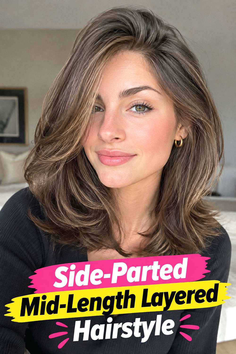 9. Side Parted Mid Length Layered Hairstyle
