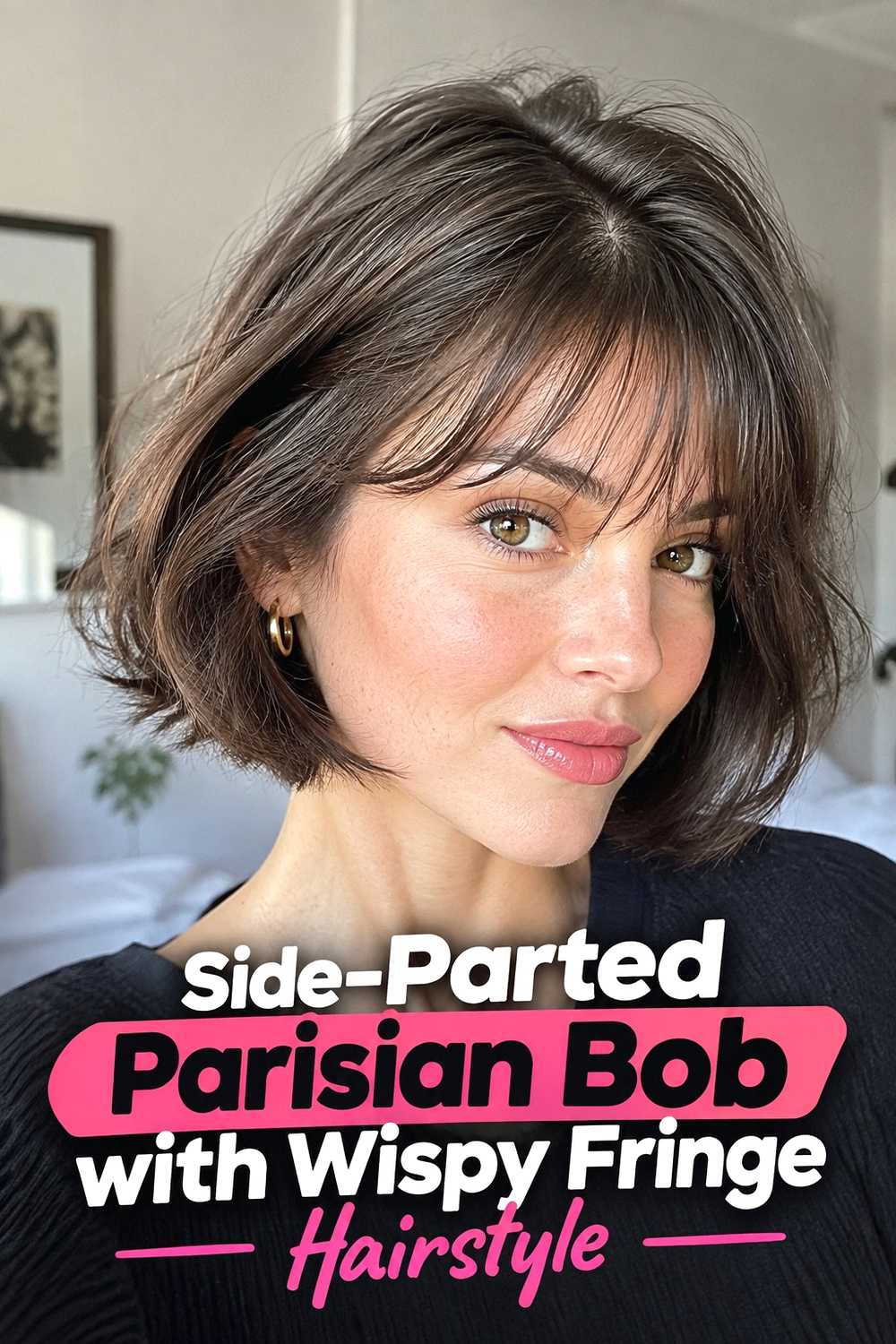 8. Side Parted Parisian Bob With Wispy Fringe Hairstyle