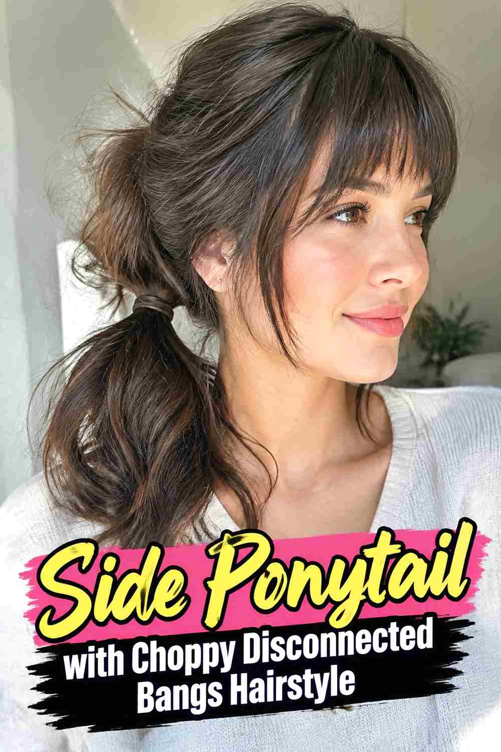 7. Side Ponytail With Choppy Disconnected Bangs Hairstyle