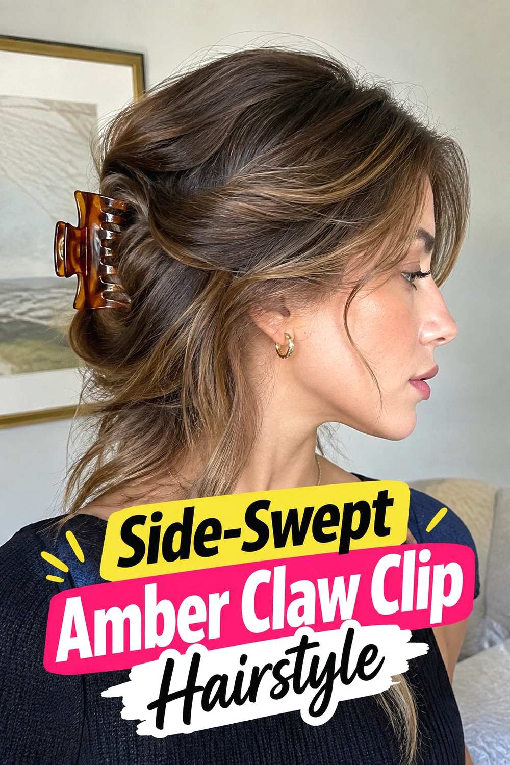 8. Side Swept Amber Claw Clip Hairstyle