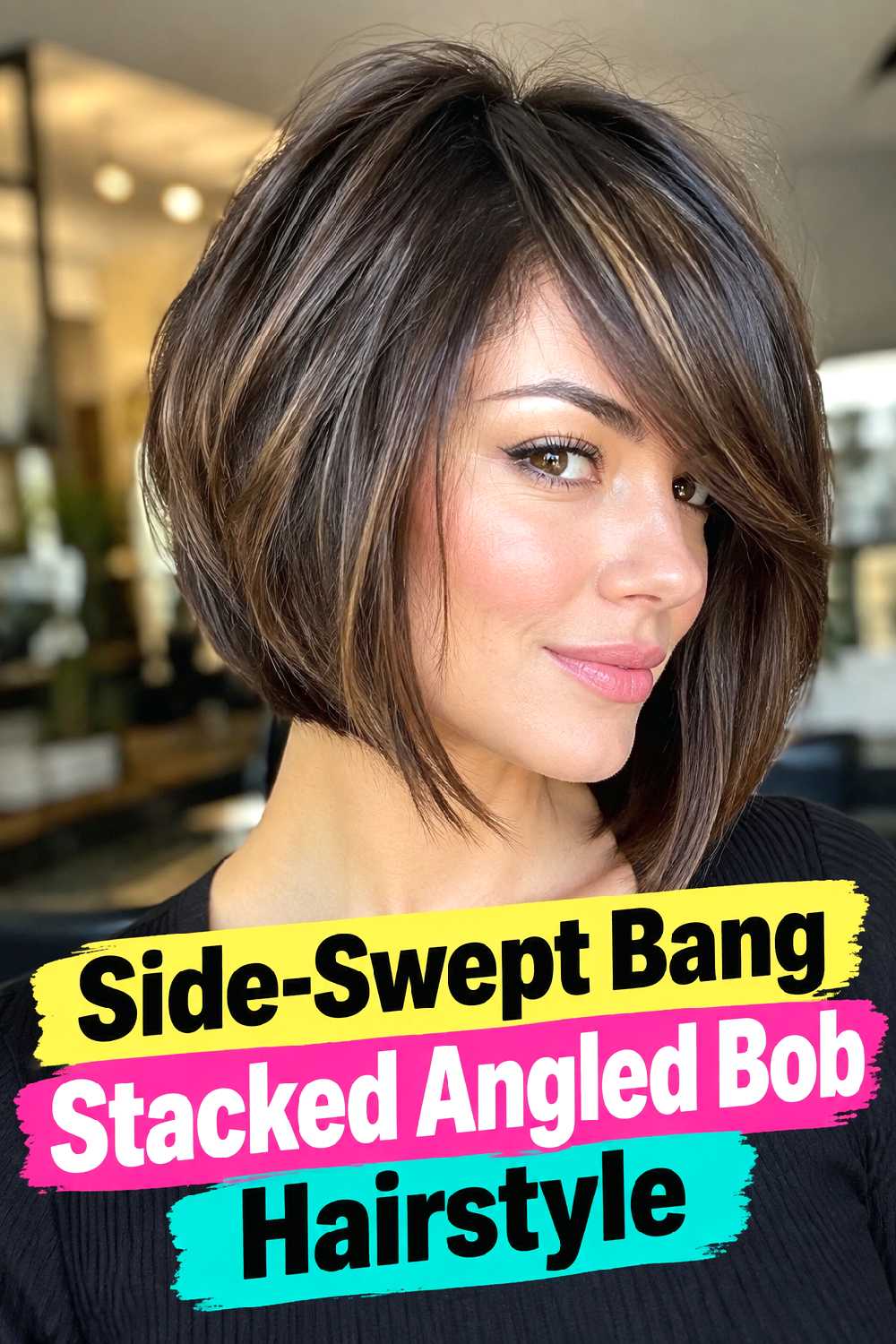 Side-Swept Bang Stacked Angled Bob Hairstyle