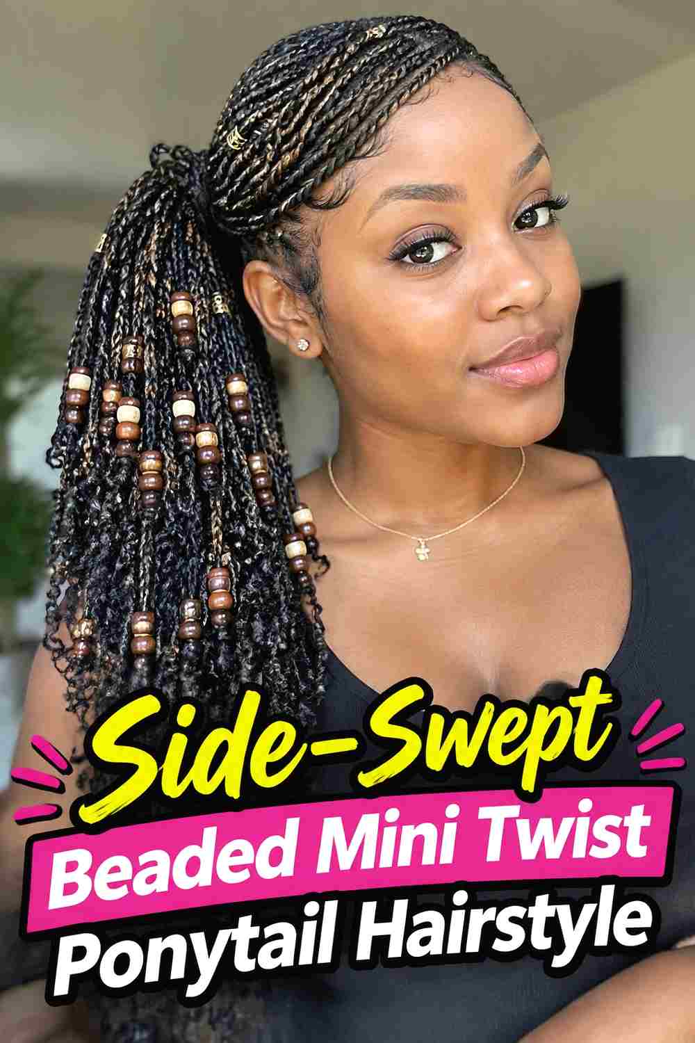 7. Side Swept Beaded Mini Twist Ponytail Hairstyle