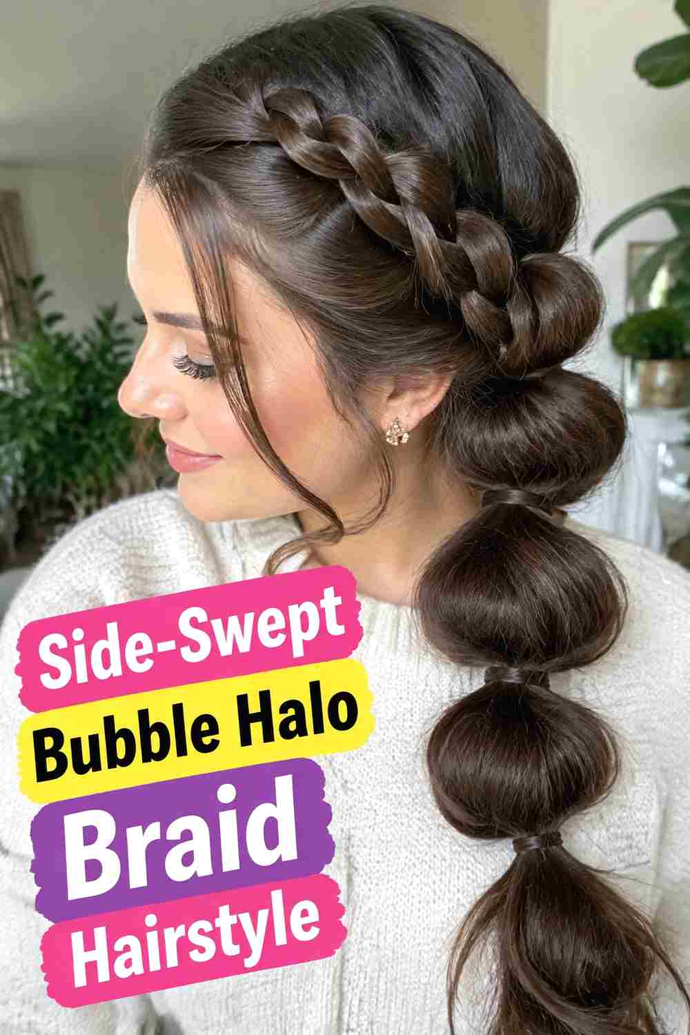 13. Side Swept Bubble Halo Braid Hairstyle