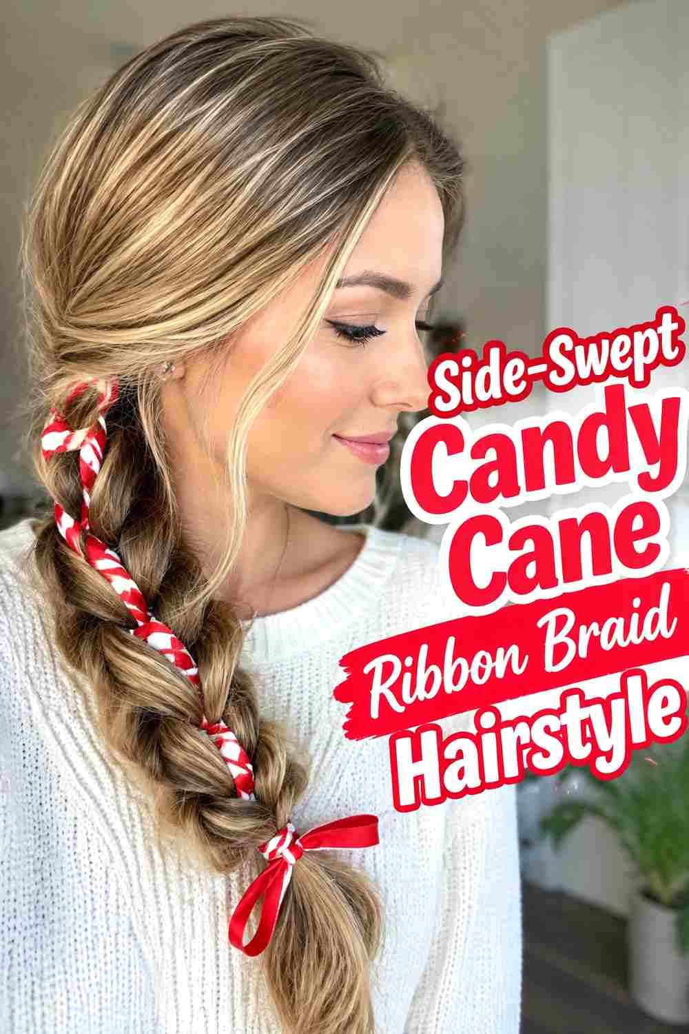 4. Side Swept Candy Cane Ribbon Braid Hairstyle