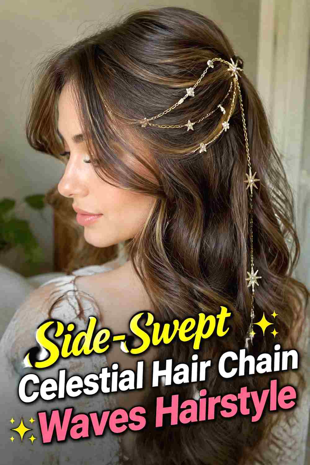 5. Side Swept Celestial Hair Chain Waves Hairstyle