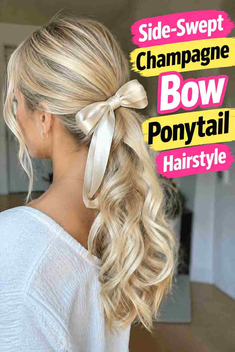 12. Side Swept Champagne Bow Ponytail Hairstyle