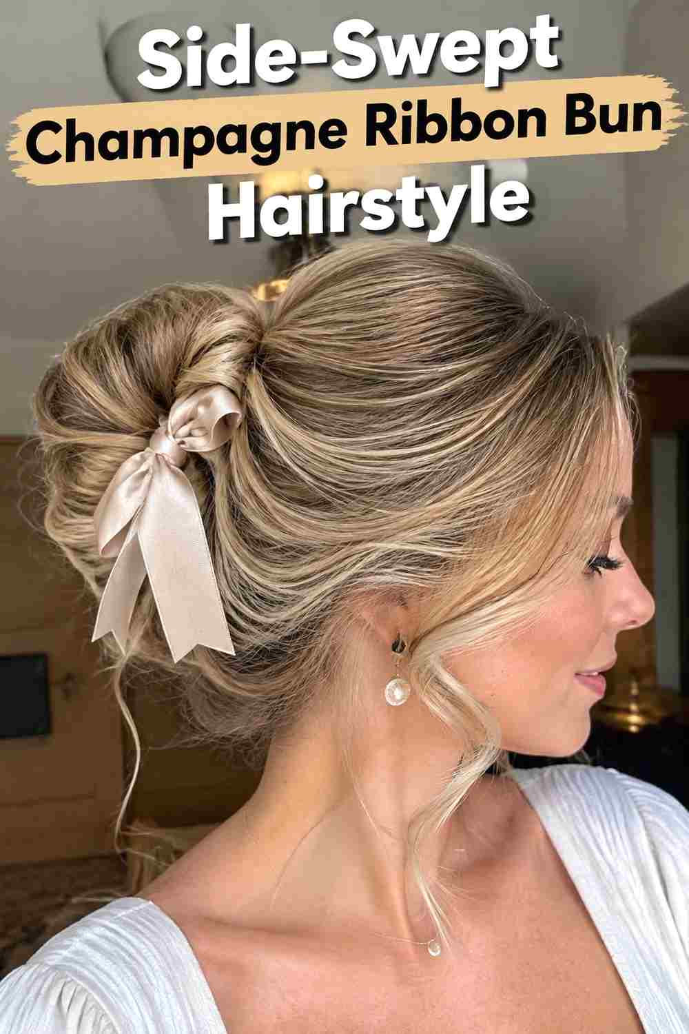 12. Side Swept Champagne Ribbon Bun Hairstyle