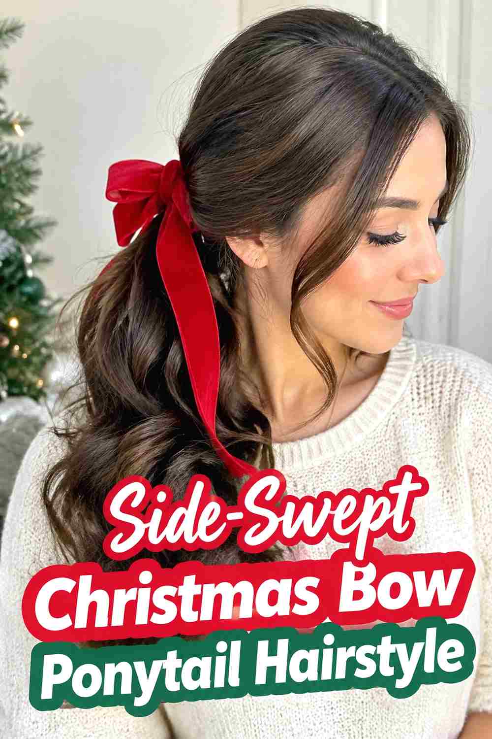 14. Side Swept Christmas Bow Ponytail Hairstyle