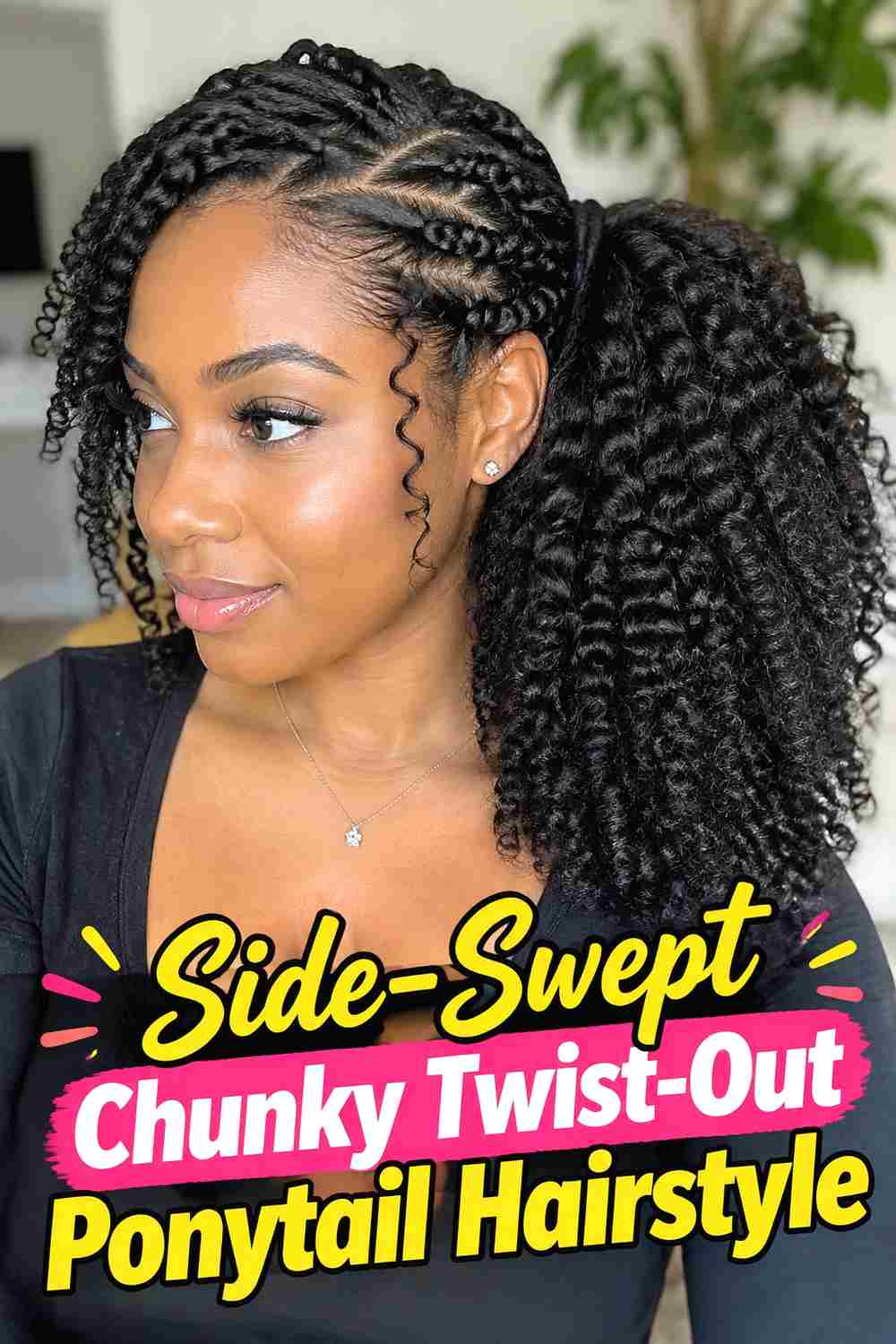 7. Side Swept Chunky Twist Out Ponytail Hairstyle