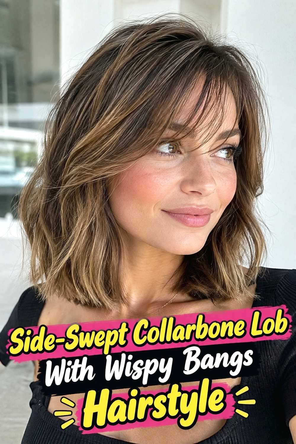 13. Side Swept Collarbone Lob With Wispy Bangs Hairstyle