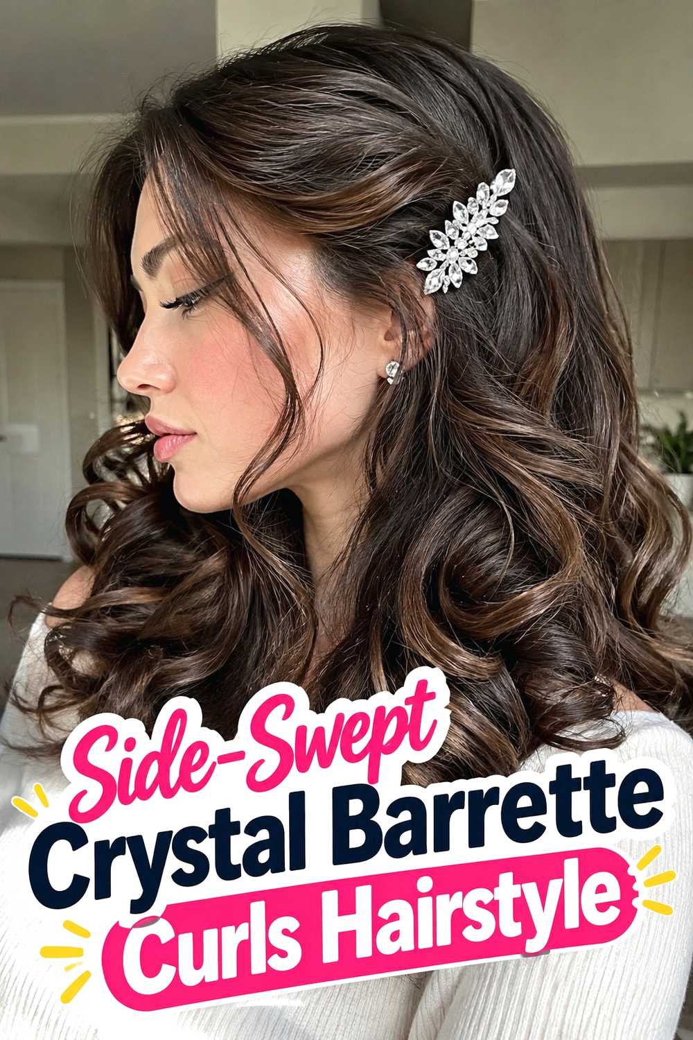 2. Side Swept Crystal Barrette Curls Hairstyle