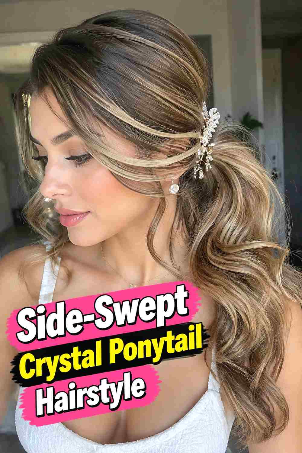 10. Side Swept Crystal Ponytail Hairstyle