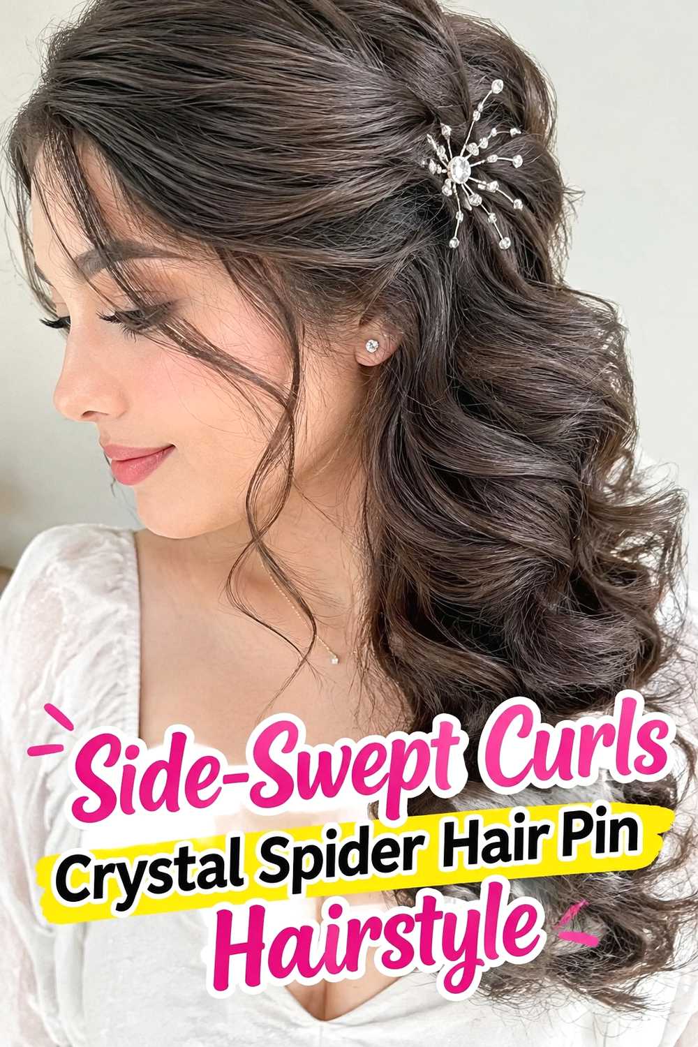 4. Side Swept Curls Crystal Spider Hair Pin Hairstyle
