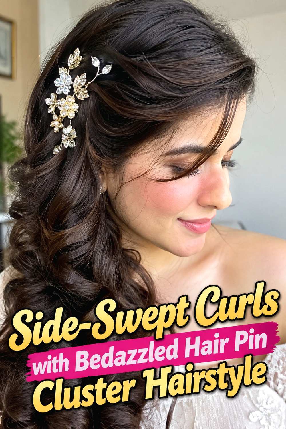 7. Side Swept Curls With Bedazzled Hair Pin Cluster Hairstyle