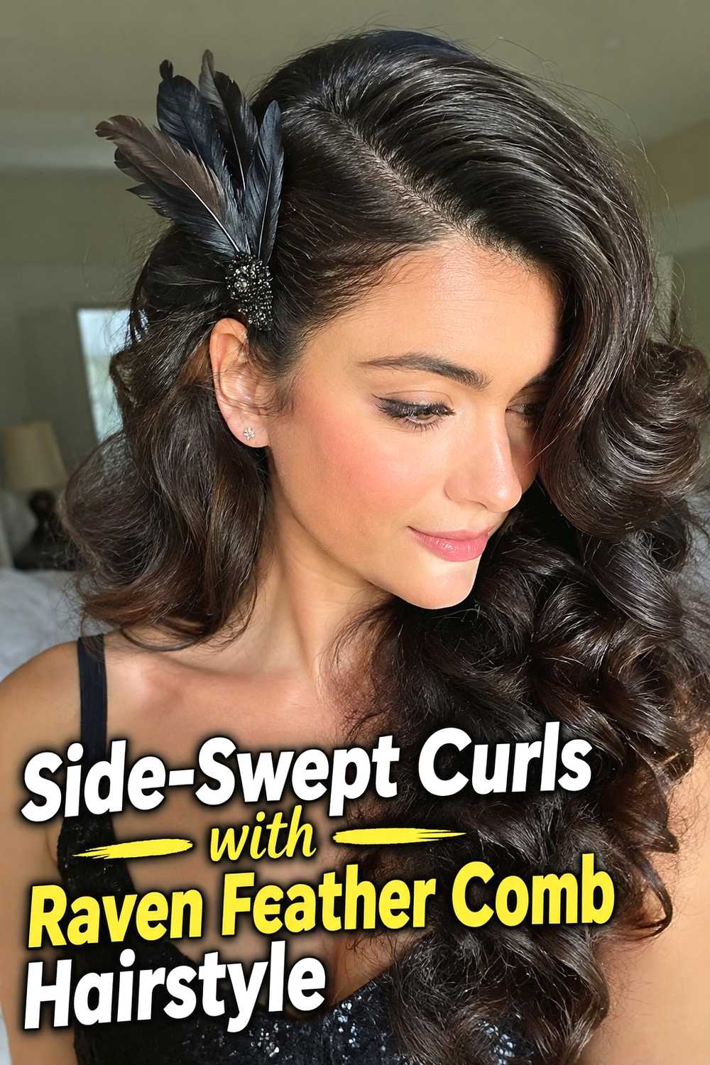 14. Side Swept Curls With Raven Feather Comb Hairstyle