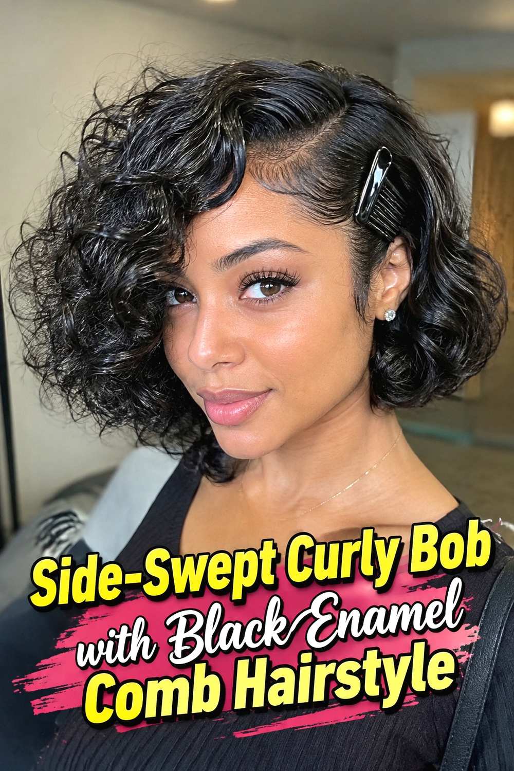 13. Side Swept Curly Bob With Black Enamel Comb Hairstyle