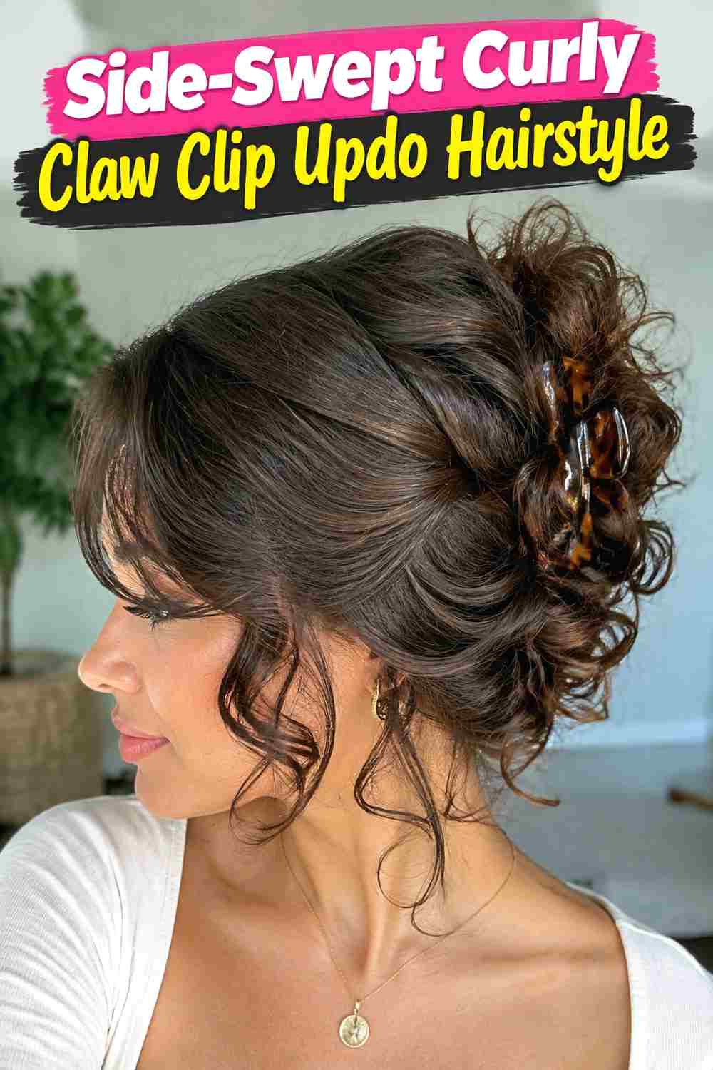 7. Side Swept Curly Claw Clip Updo Hairstyle