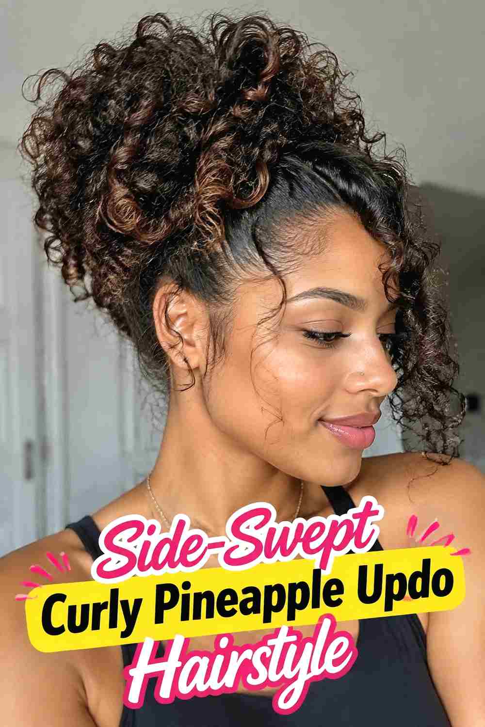 2. Side Swept Curly Pineapple Updo Hairstyle