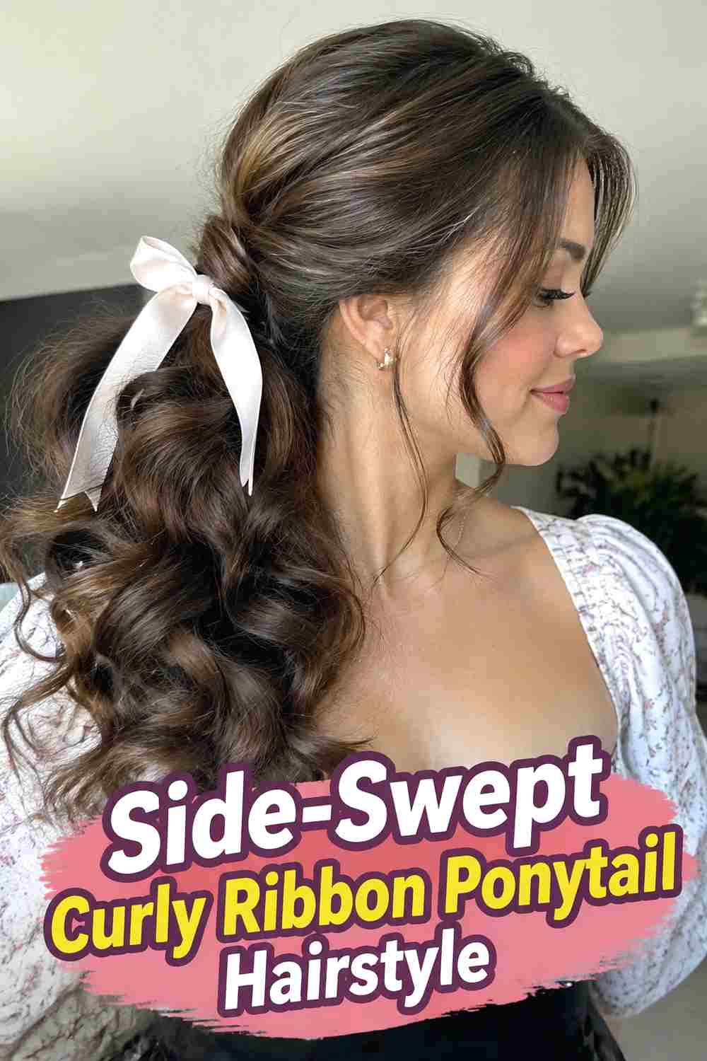 4. Side Swept Curly Ribbon Ponytail Hairstyle