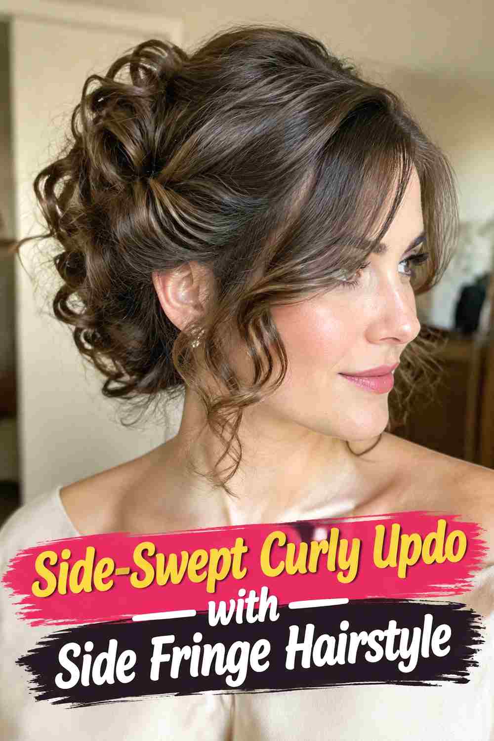 12. Side Swept Curly Updo With Side Fringe Hairstyle