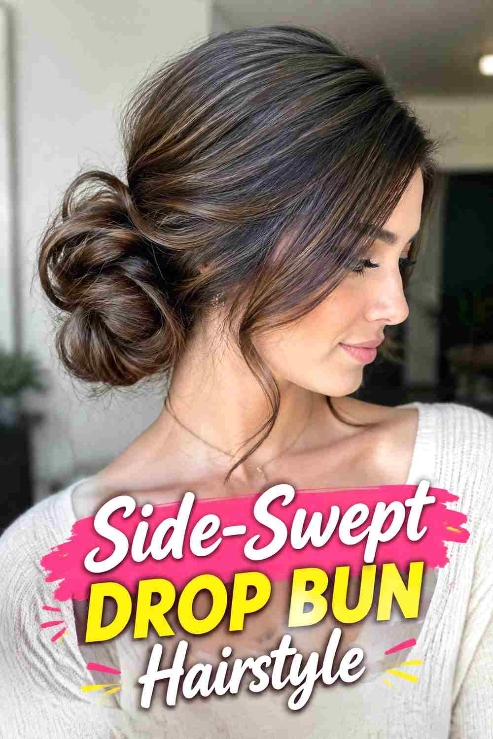 14. Side Swept Drop Bun Hairstyle