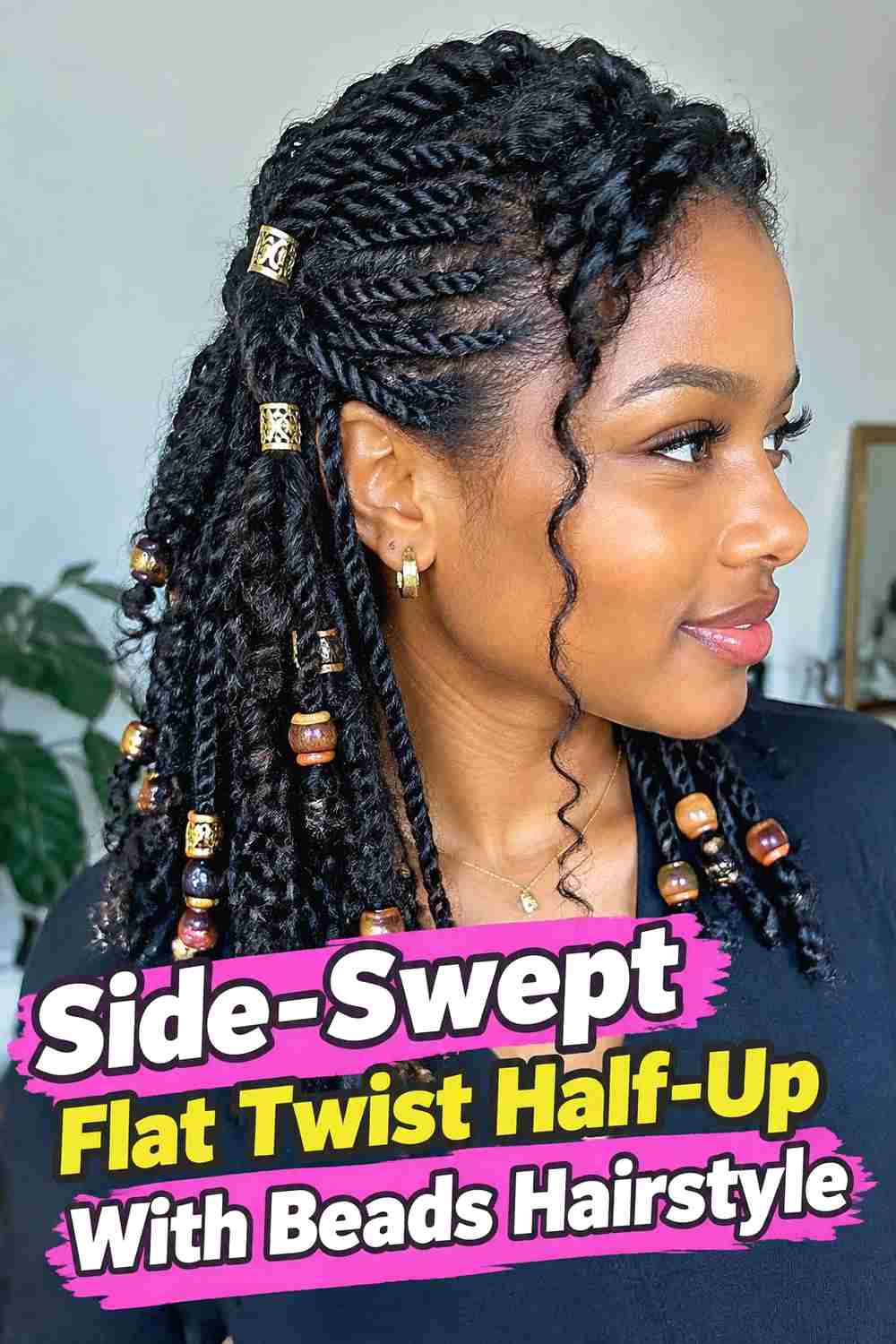 12. Side Swept Flat Twist Half Up With Beads Hairstyle