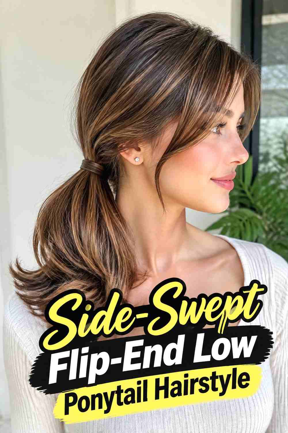 15. Side Swept Flip End Low Ponytail Hairstyle