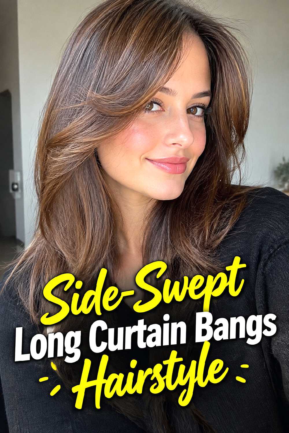 Side-Swept Long Curtain Bangs Hairstyle