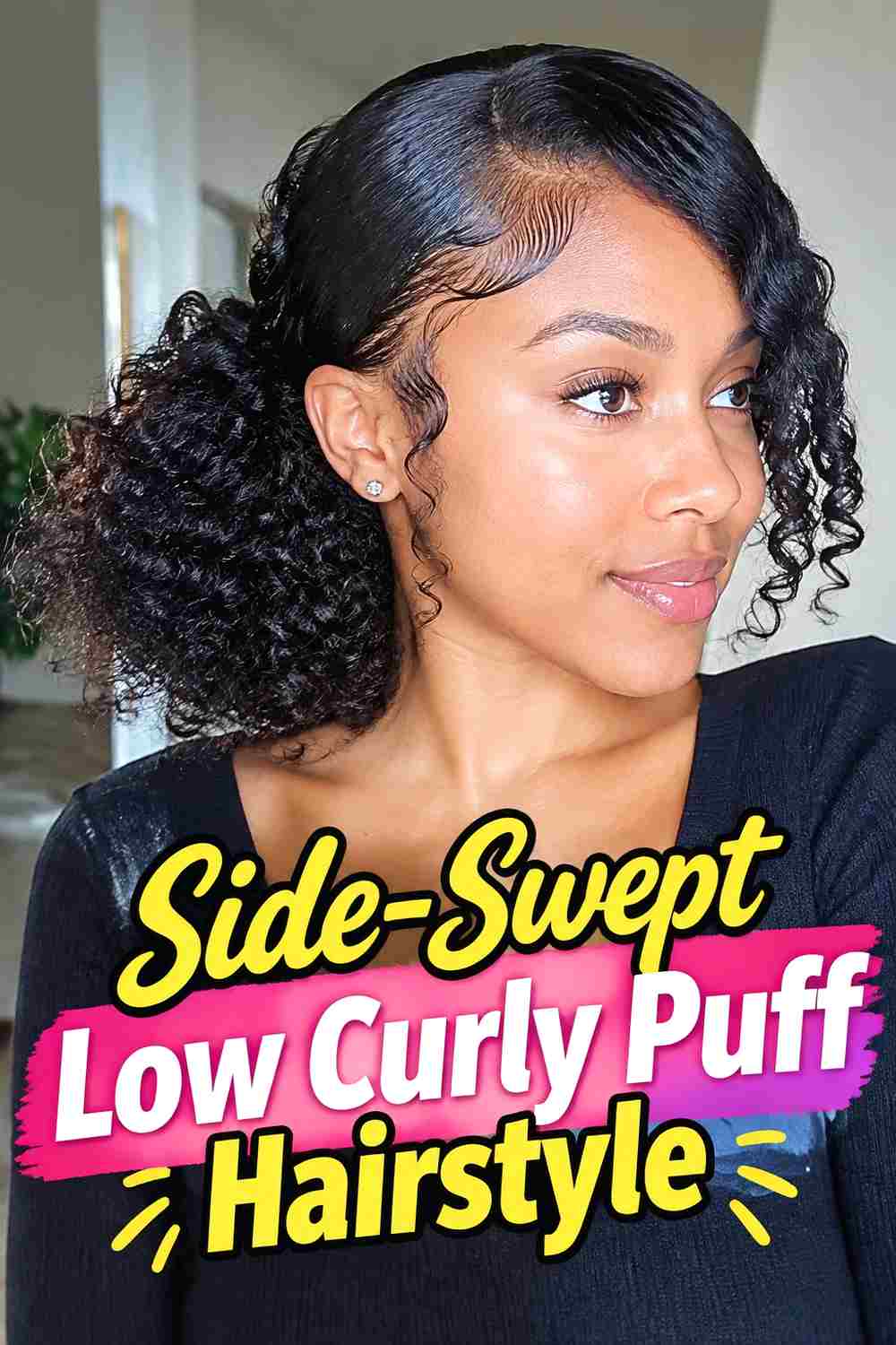 12. Side Swept Low Curly Puff Hairstyle
