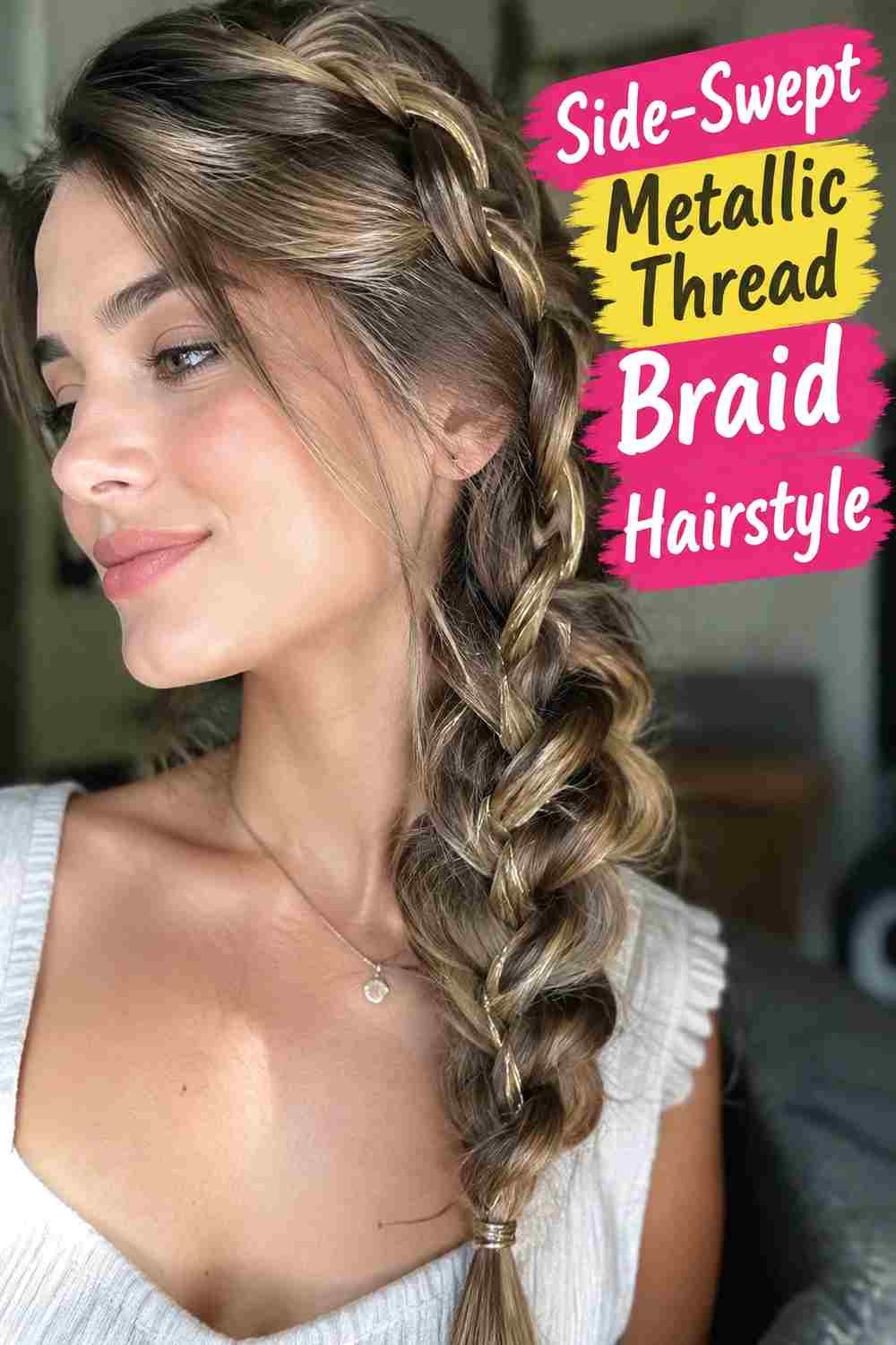 8. Side Swept Metallic Thread Braid Hairstyle