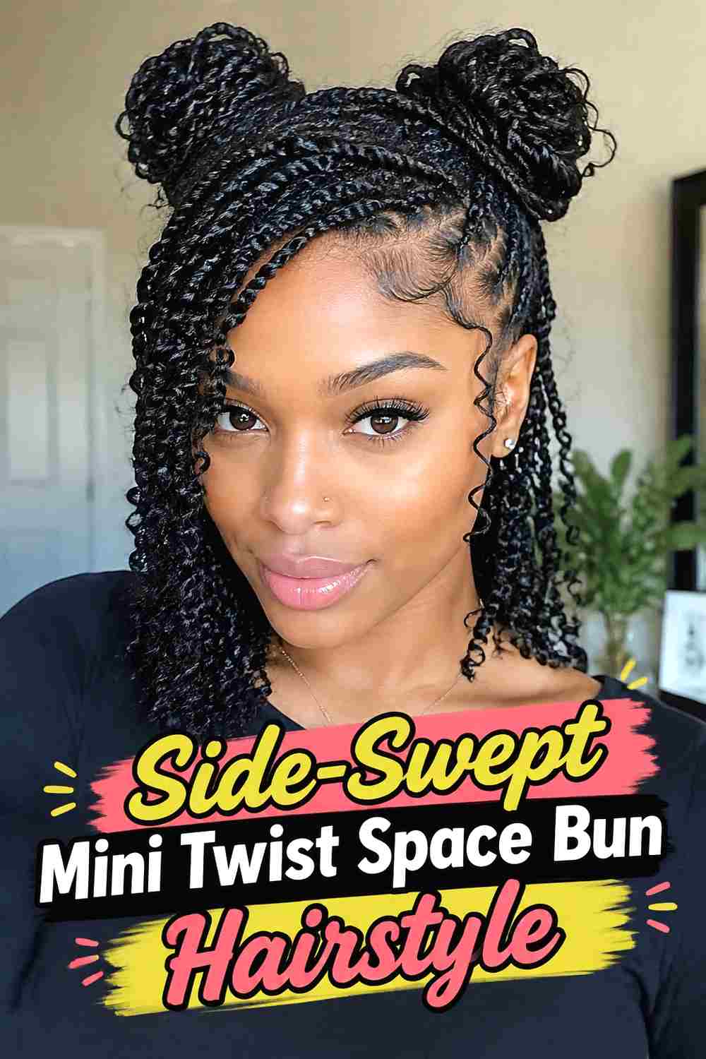 11. Side Swept Mini Twist Space Bun Hairstyle