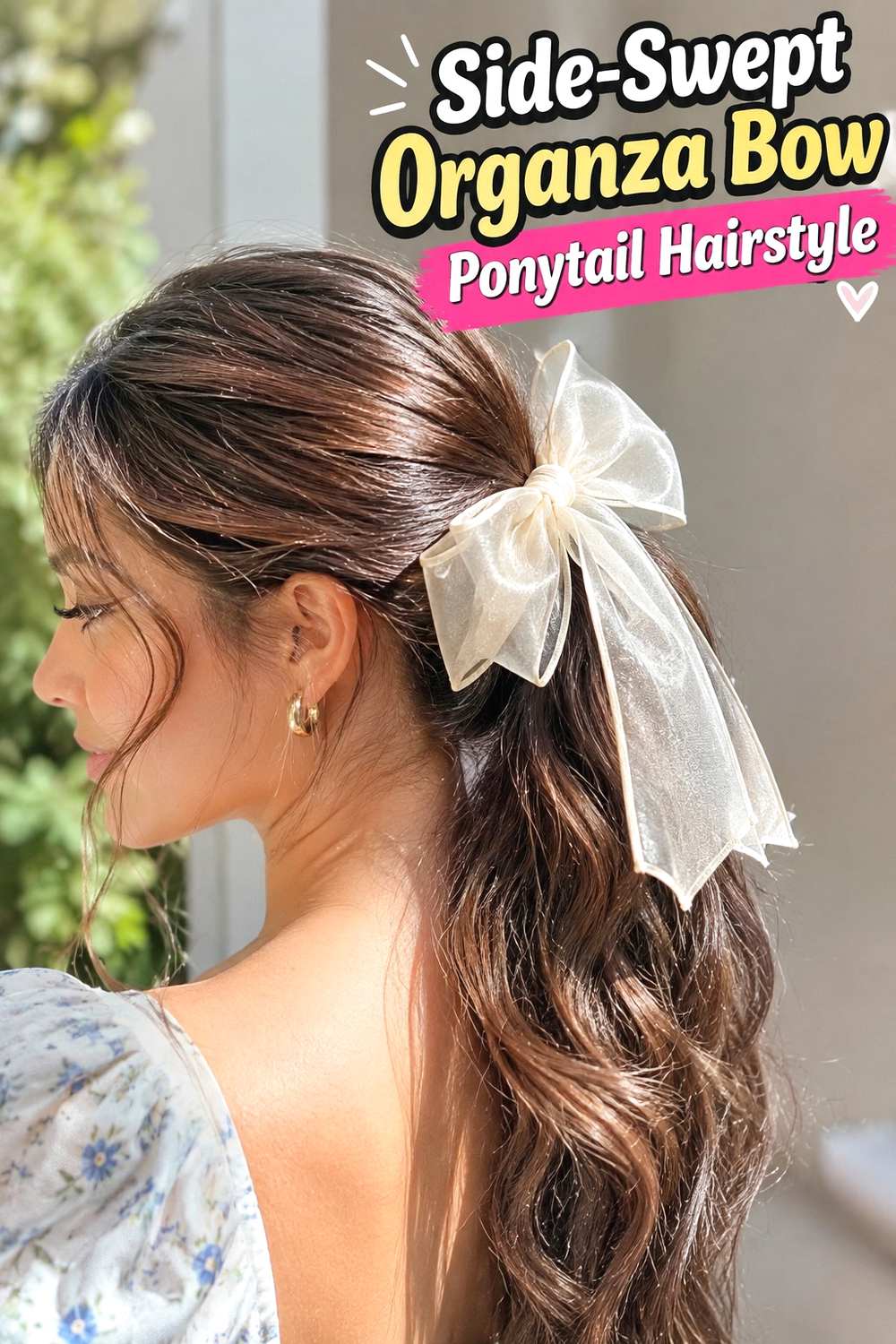 9. Side Swept Organza Bow Ponytail Hairstyle
