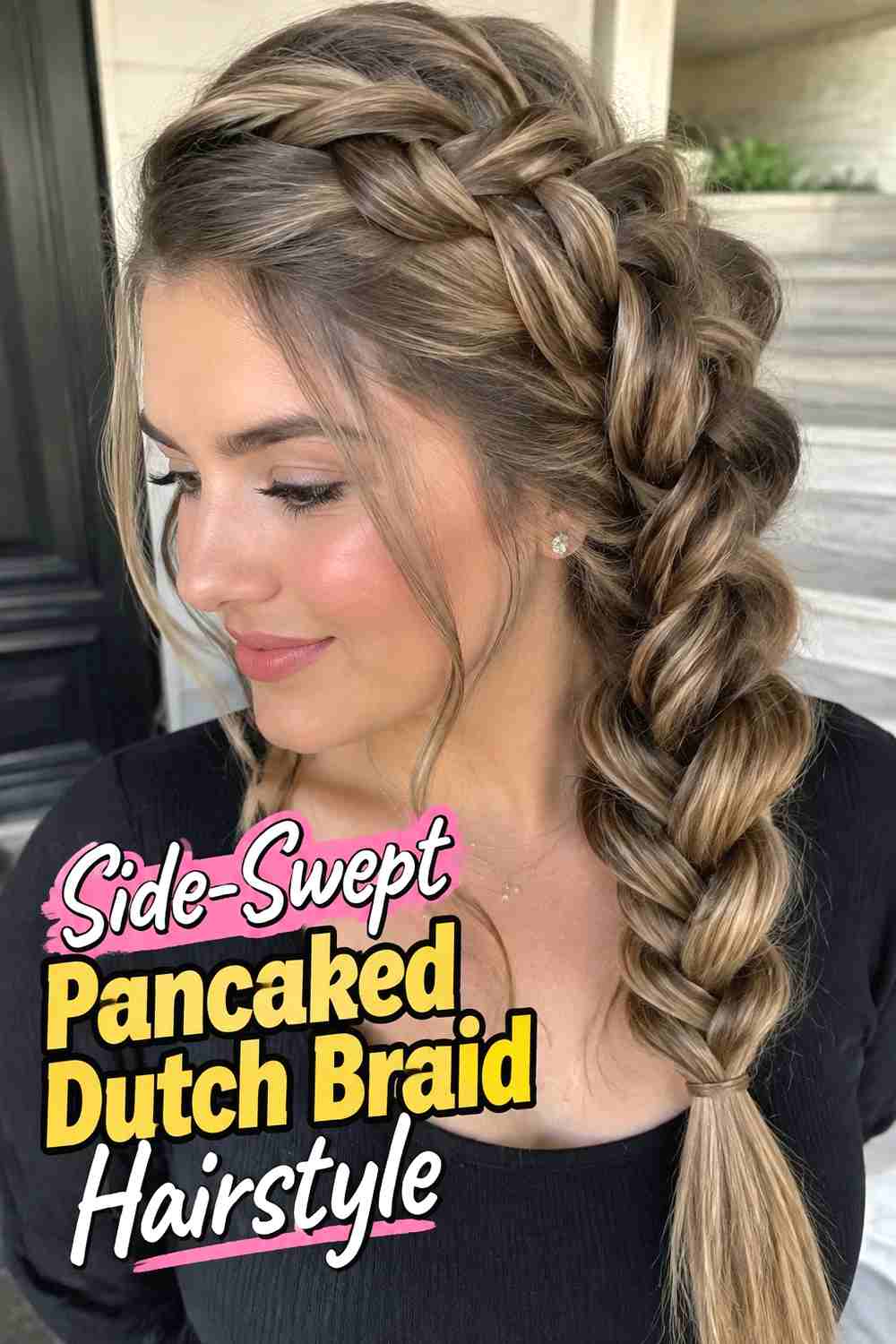 2. Side Swept Pancaked Dutch Braid Hairstyle