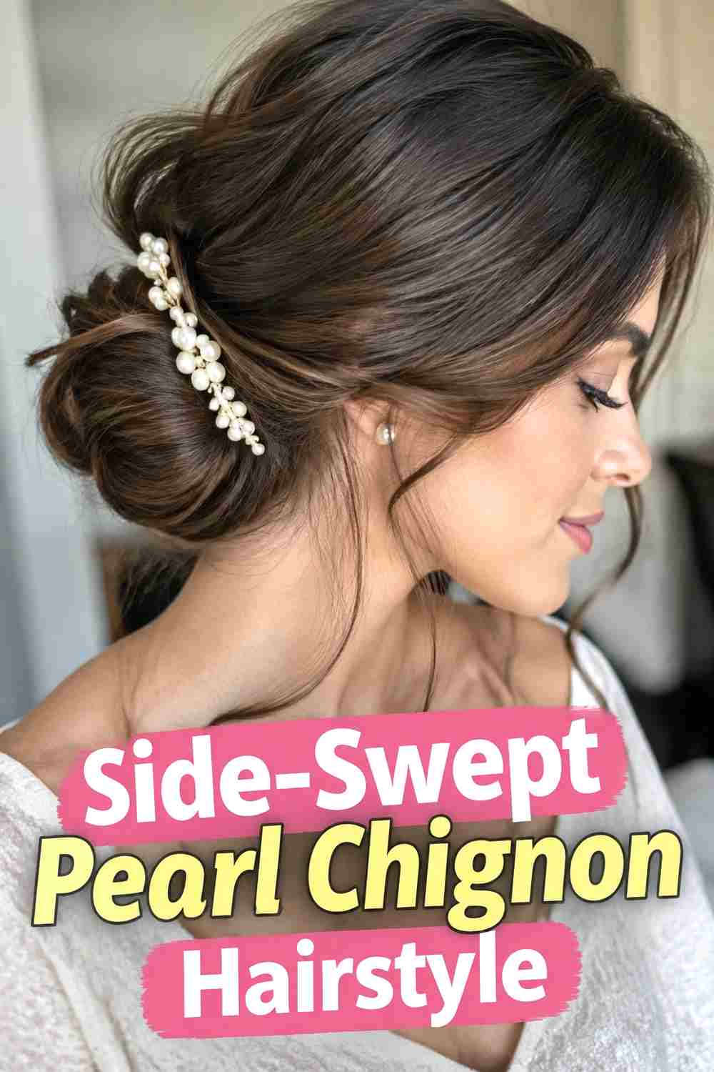 6. Side Swept Pearl Chignon Hairstyle