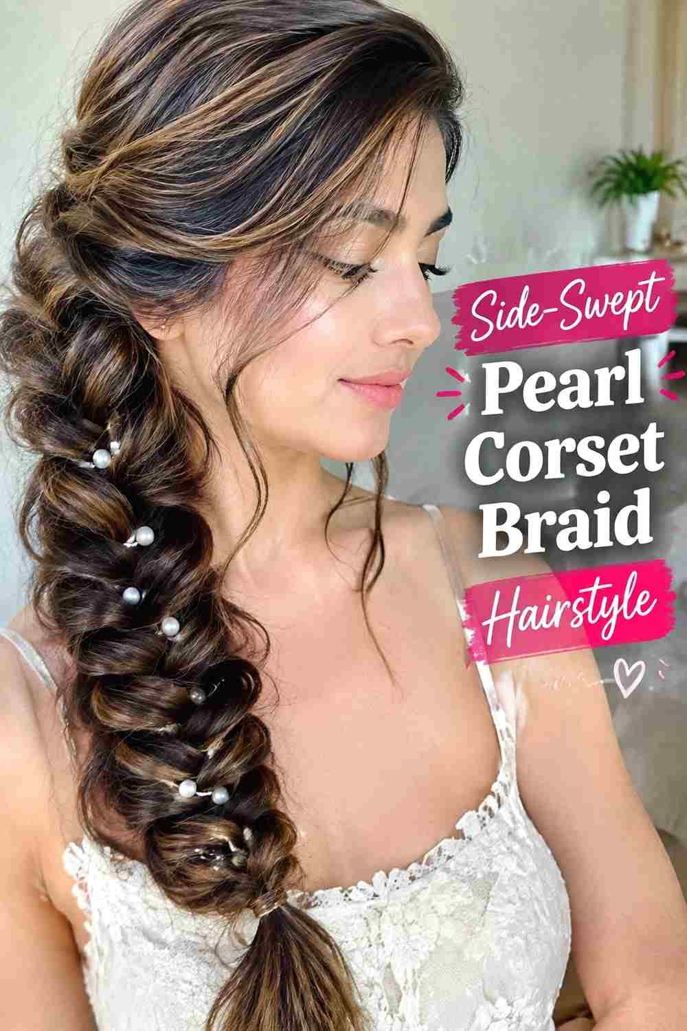 7. Side Swept Pearl Corset Braid Hairstyle