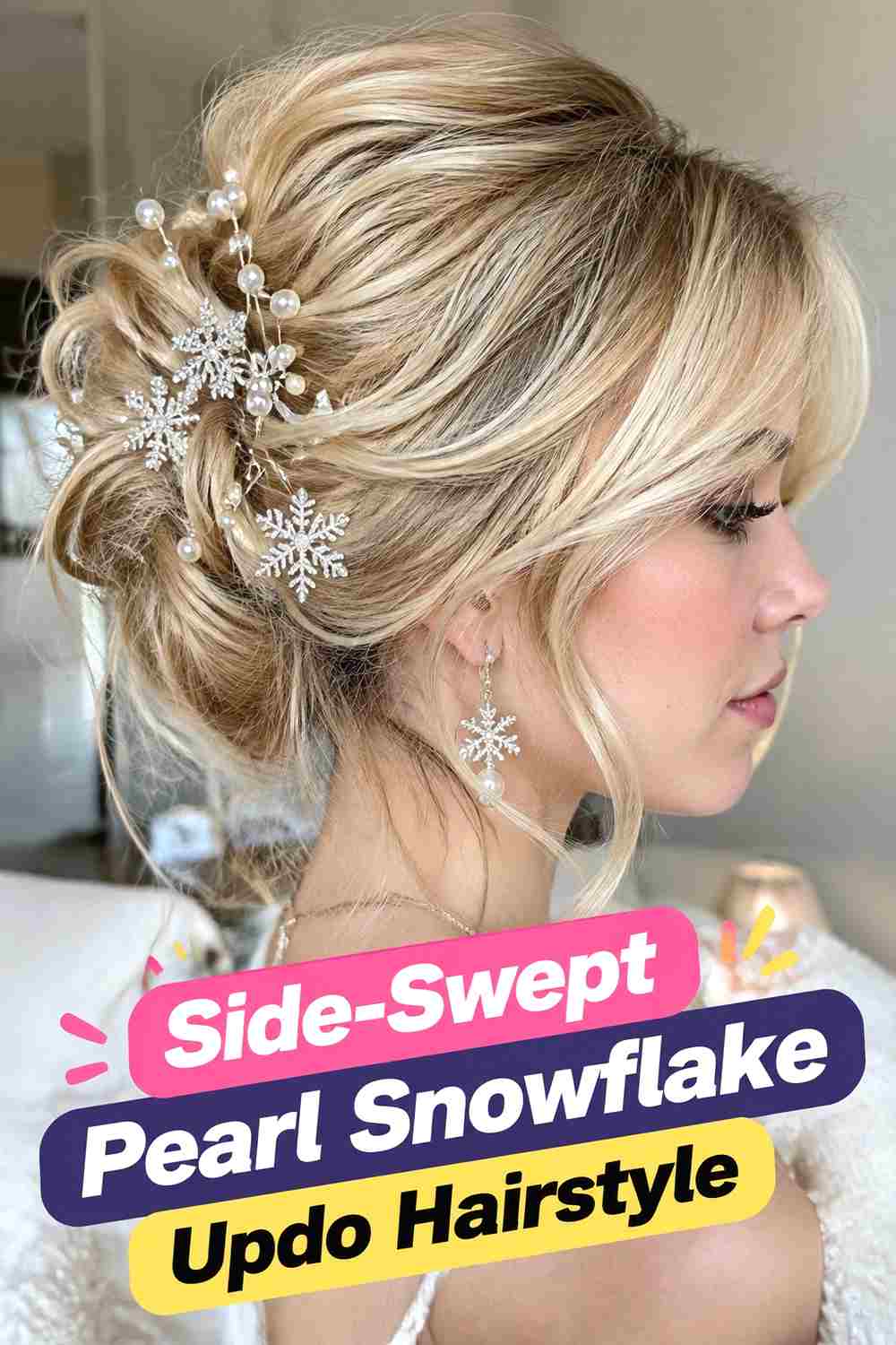 8. Side Swept Pearl Snowflake Updo Hairstyle