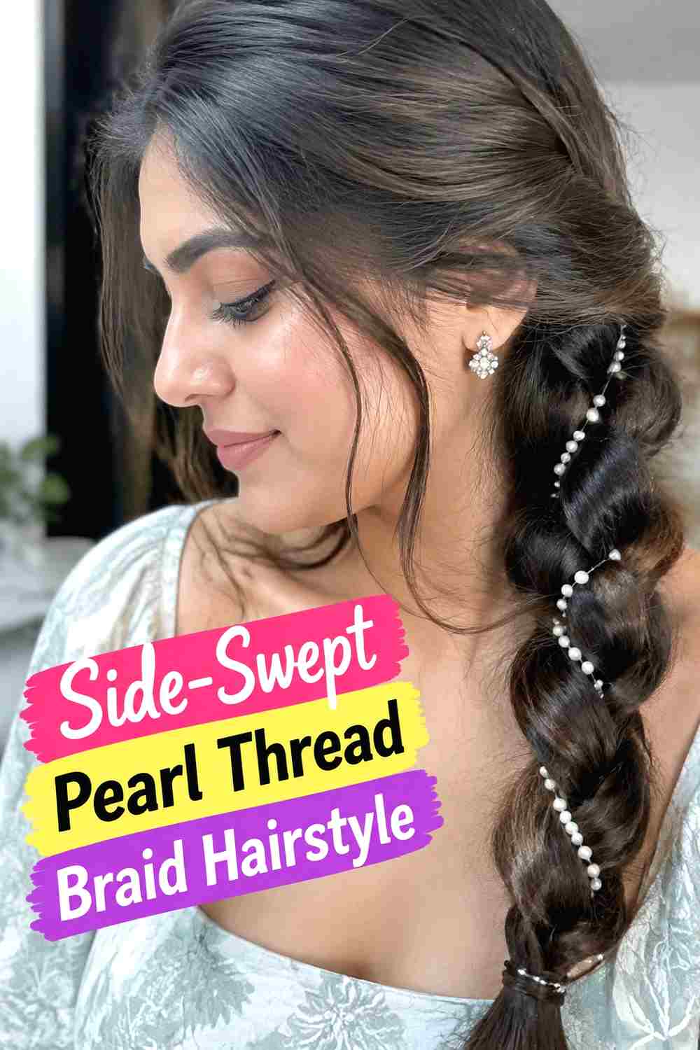 2. Side Swept Pearl Thread Braid Hairstyle