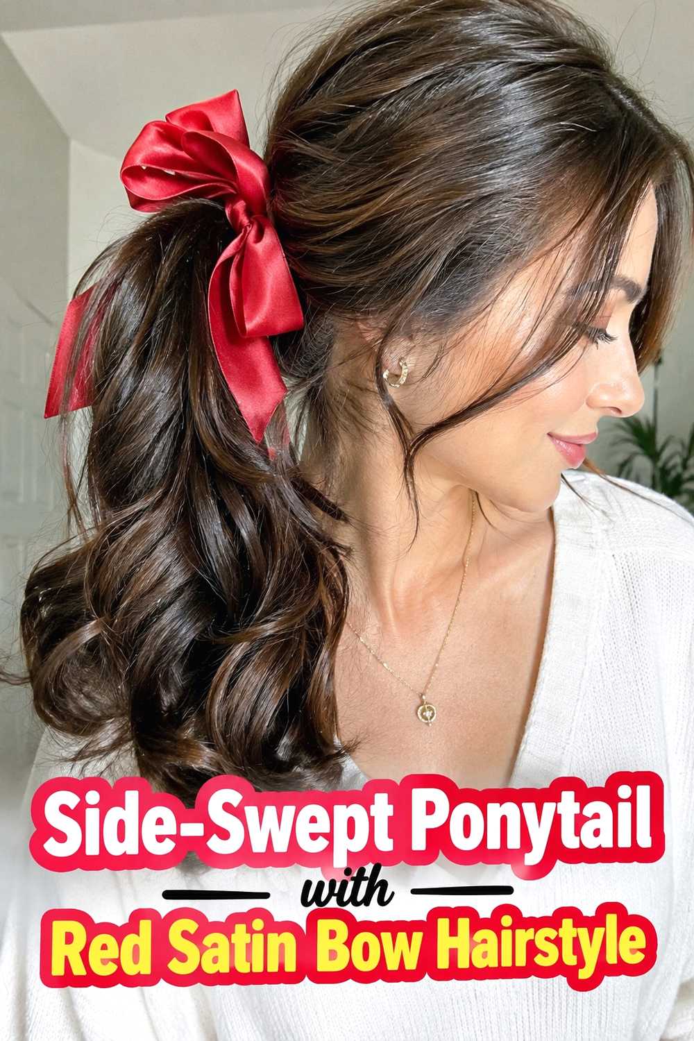 6. Side Swept Ponytail With Red Satin Bow Hairstyle