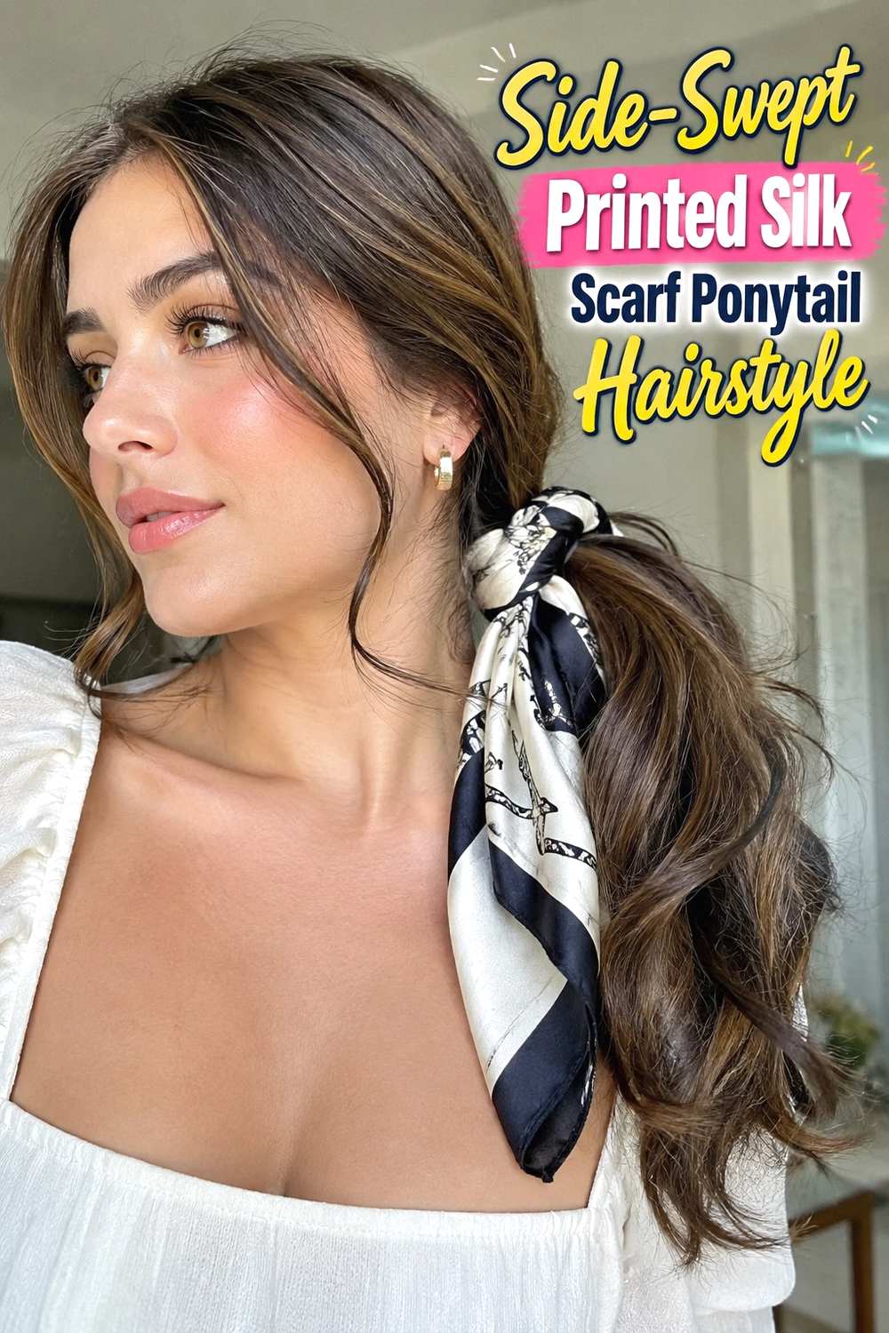8. Side Swept Printed Silk Scarf Ponytail Hairstyle