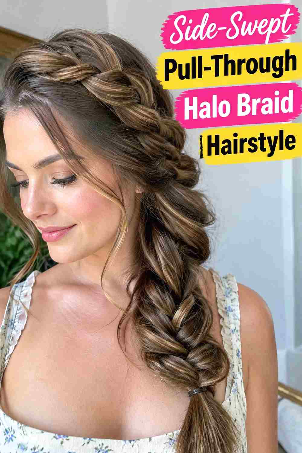6. Side Swept Pull Through Halo Braid Hairstyle