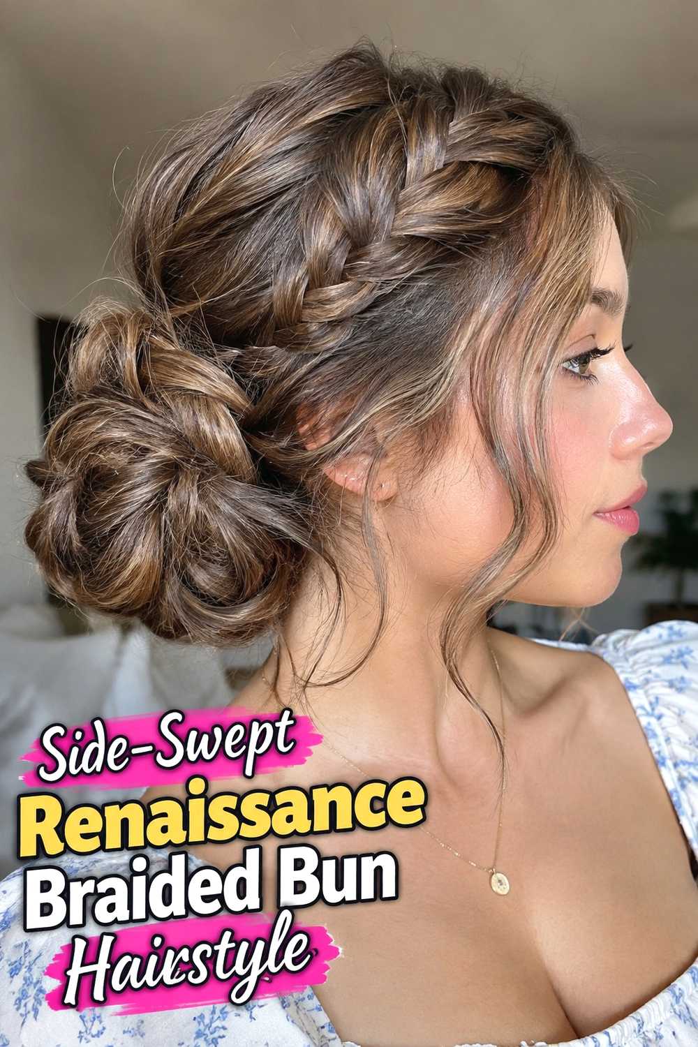 7. Side Swept Renaissance Braided Bun Hairstyle