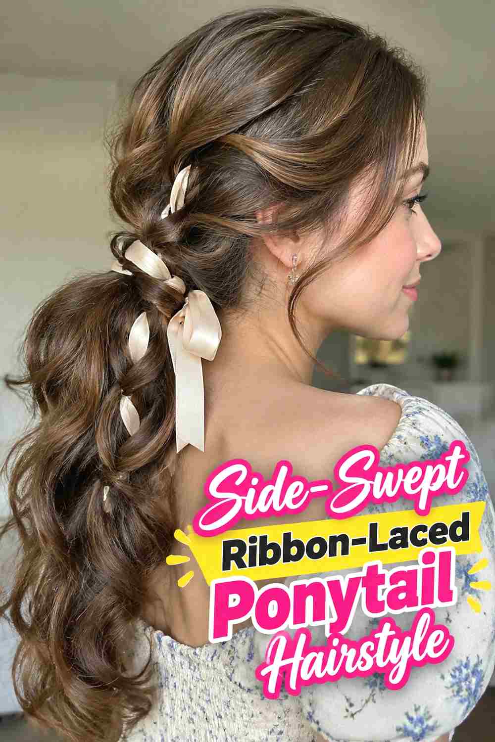 12. Side Swept Ribbon Laced Ponytail Hairstyle
